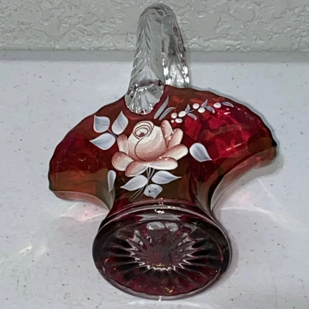 VTG Westmoreland Cranberry Pink Red Glass Basket 7